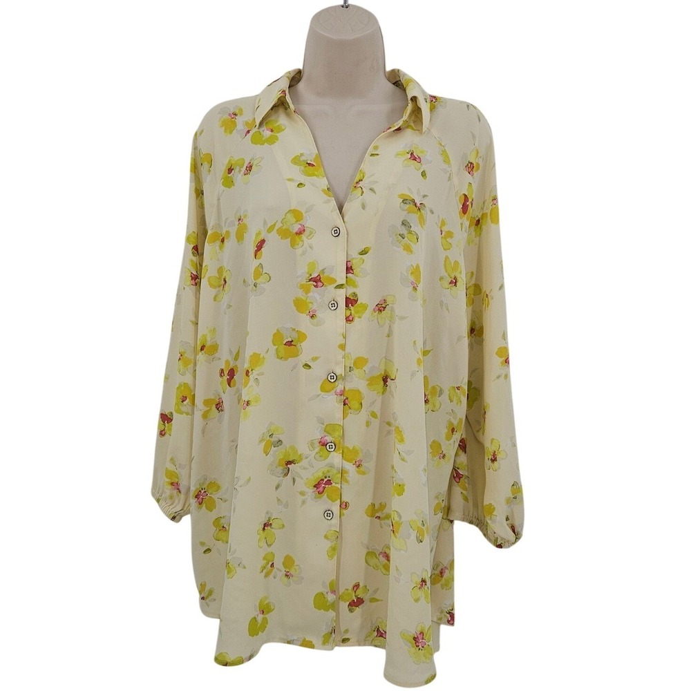 Cabi ‎ Floral Button Up Tunic Flowy Top L Preppy Coastal Spring On The Go Floral